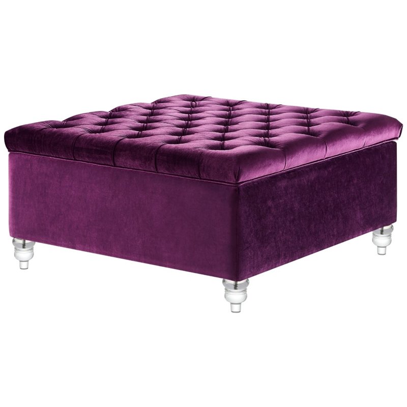 Maklaine Velvet Square Storage Ottoman with Lucite Legs in Purple