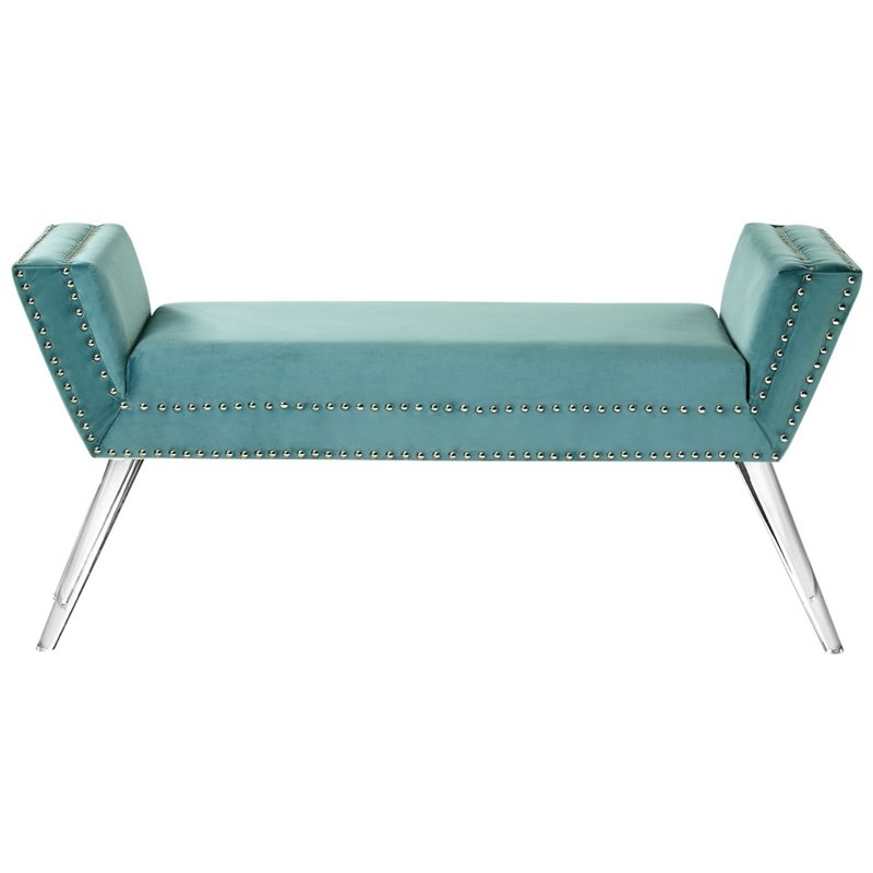 Maklaine Velvet Upholstered Bench with Acrylic Legs in Slate Blue
