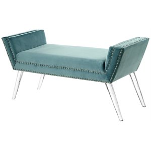 Maklaine Velvet Upholstered Bench with Acrylic Legs in Slate Blue
