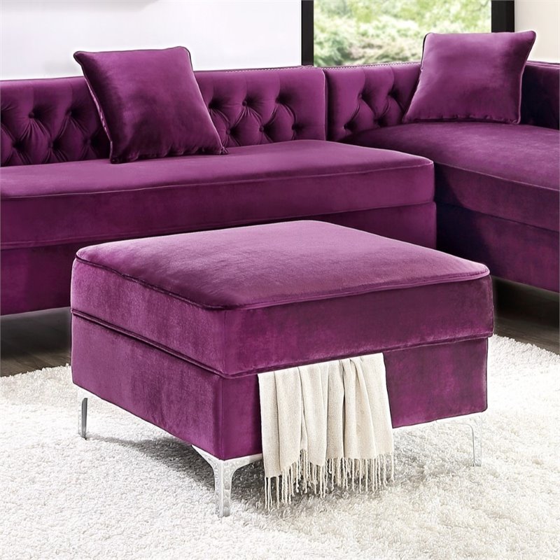 Maklaine Tufted Velvet Storage Ottoman with Chrome Legs in Purple