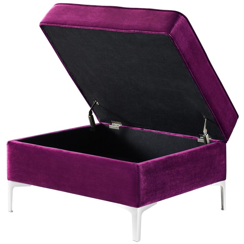 Maklaine Tufted Velvet Storage Ottoman with Chrome Legs in Purple