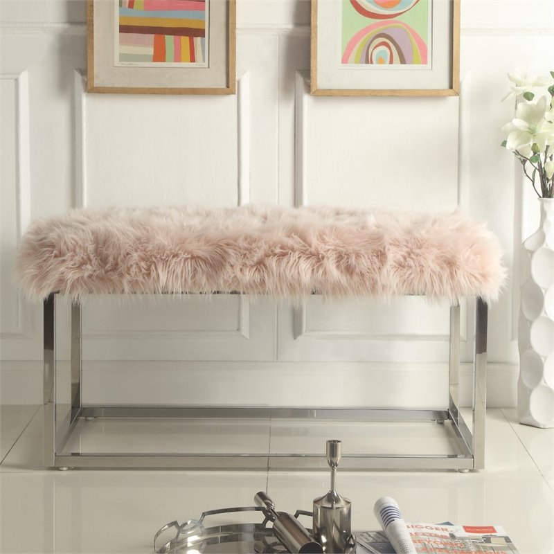 Maklaine Modern Faux Fur Fabric Bench in Pink / Chrome Finish