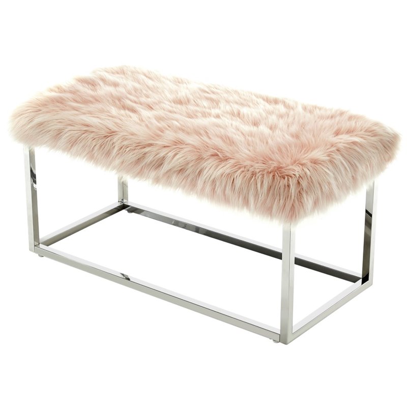 Maklaine Modern Faux Fur Fabric Bench in Pink / Chrome Finish
