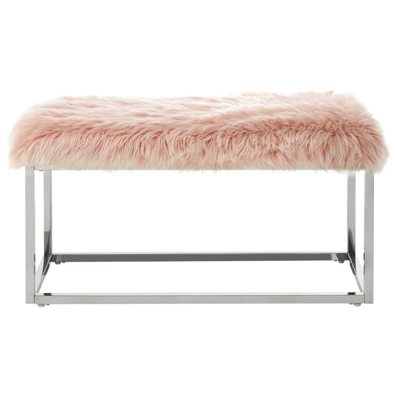 Maklaine Modern Faux Fur Fabric Bench in Pink / Chrome Finish