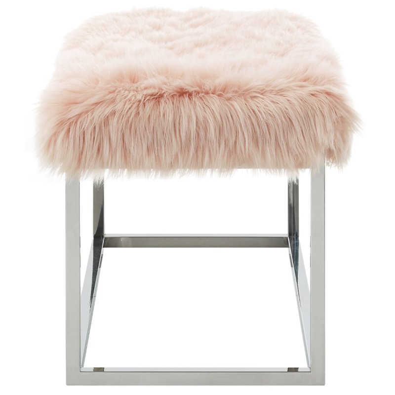 Maklaine Modern Faux Fur Fabric Bench in Pink / Chrome Finish