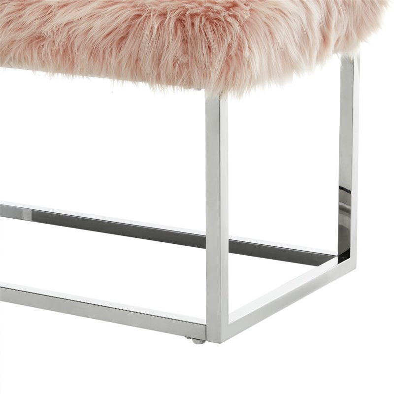 Maklaine Modern Faux Fur Fabric Bench in Pink / Chrome Finish