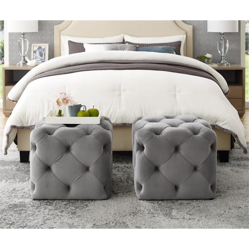 Maklaine Mid-Century Modern Velvet Square Ottoman in Gray Finish