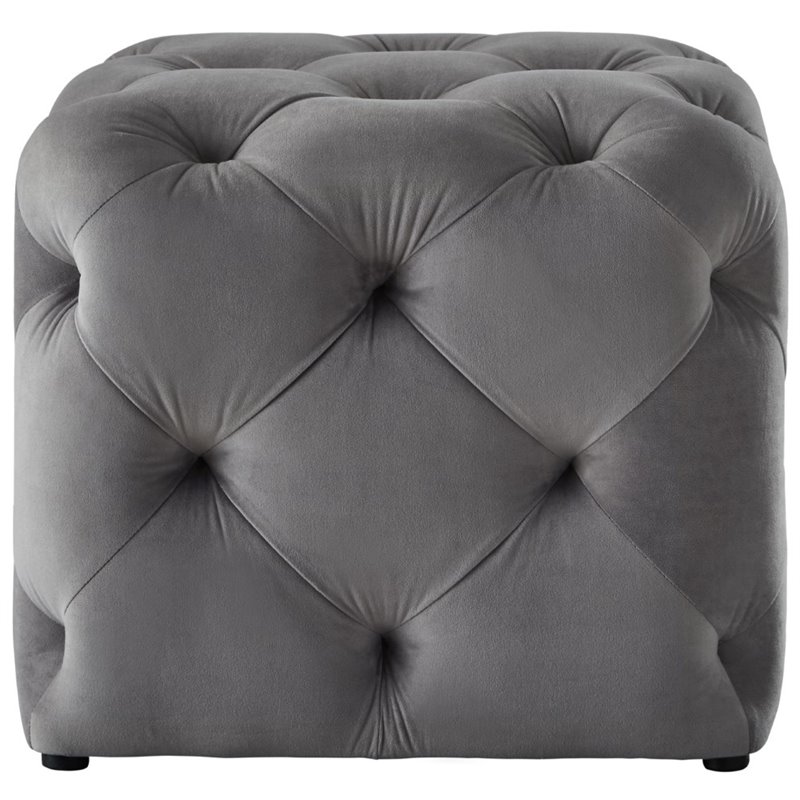 Maklaine Mid-Century Modern Velvet Square Ottoman in Gray Finish