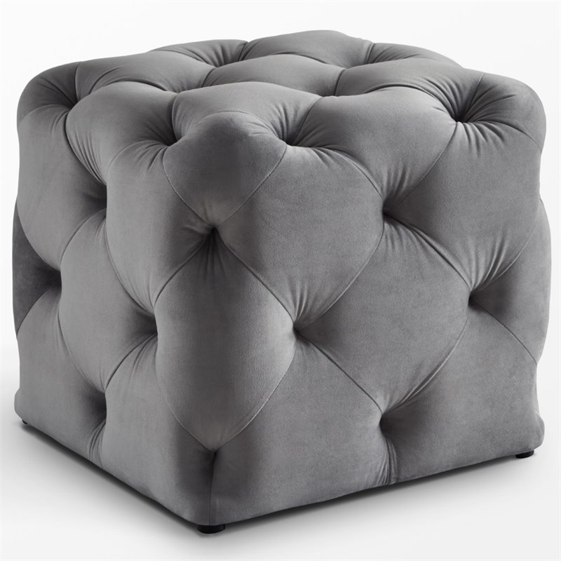 Maklaine Mid-Century Modern Velvet Square Ottoman in Gray Finish