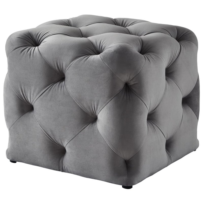 Maklaine Mid-Century Modern Velvet Square Ottoman in Gray Finish