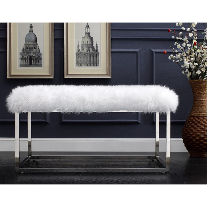 Maklaine Modern Faux Fur Fabric Bench in White/Chrome Finish