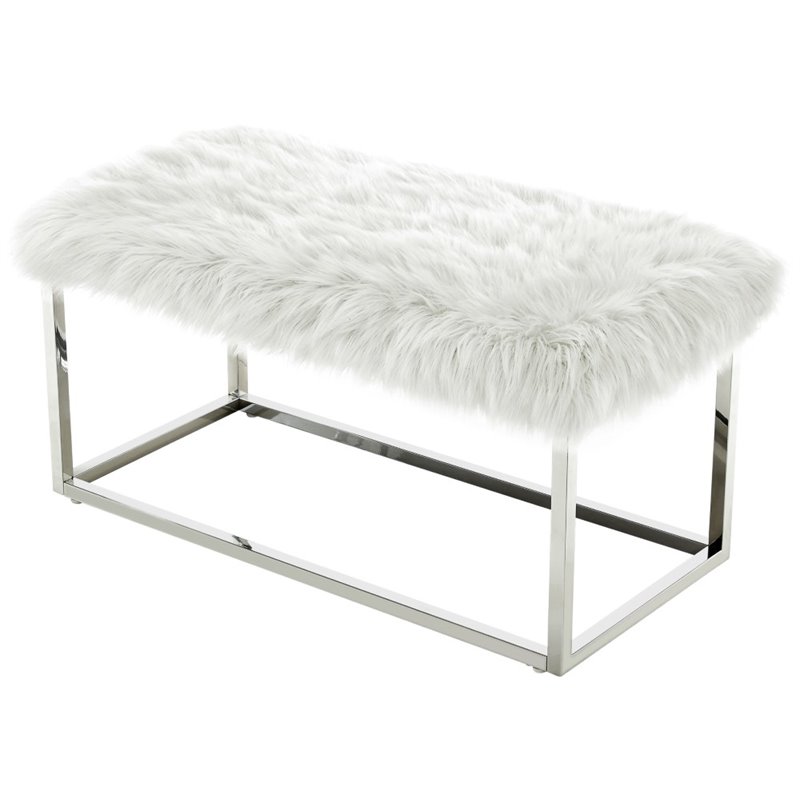 Maklaine Modern Faux Fur Fabric Bench in White/Chrome Finish