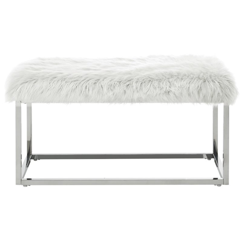 Maklaine Modern Faux Fur Fabric Bench in White/Chrome Finish