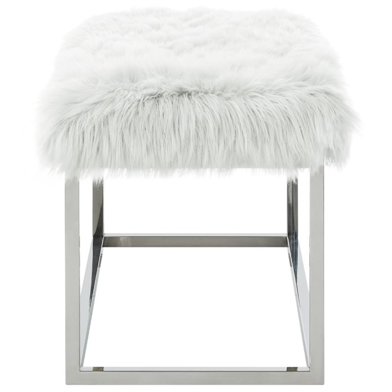 Maklaine Modern Faux Fur Fabric Bench in White/Chrome Finish