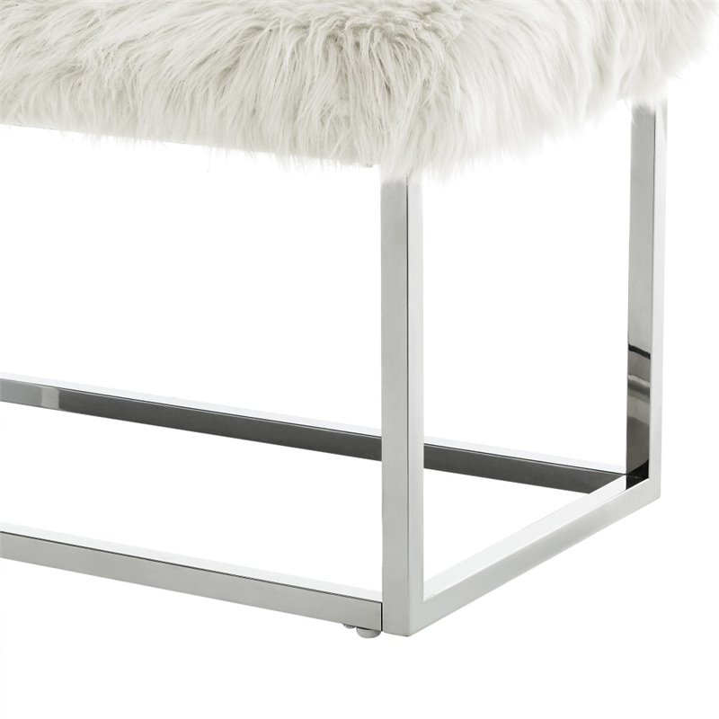 Maklaine Modern Faux Fur Fabric Bench in White/Chrome Finish