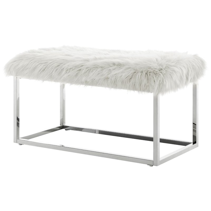 Maklaine Modern Faux Fur Fabric Bench in White/Chrome Finish