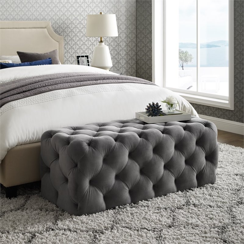 Maklaine Mid-Century Modern Button-Tufted Velvet Bench in Gray Finish