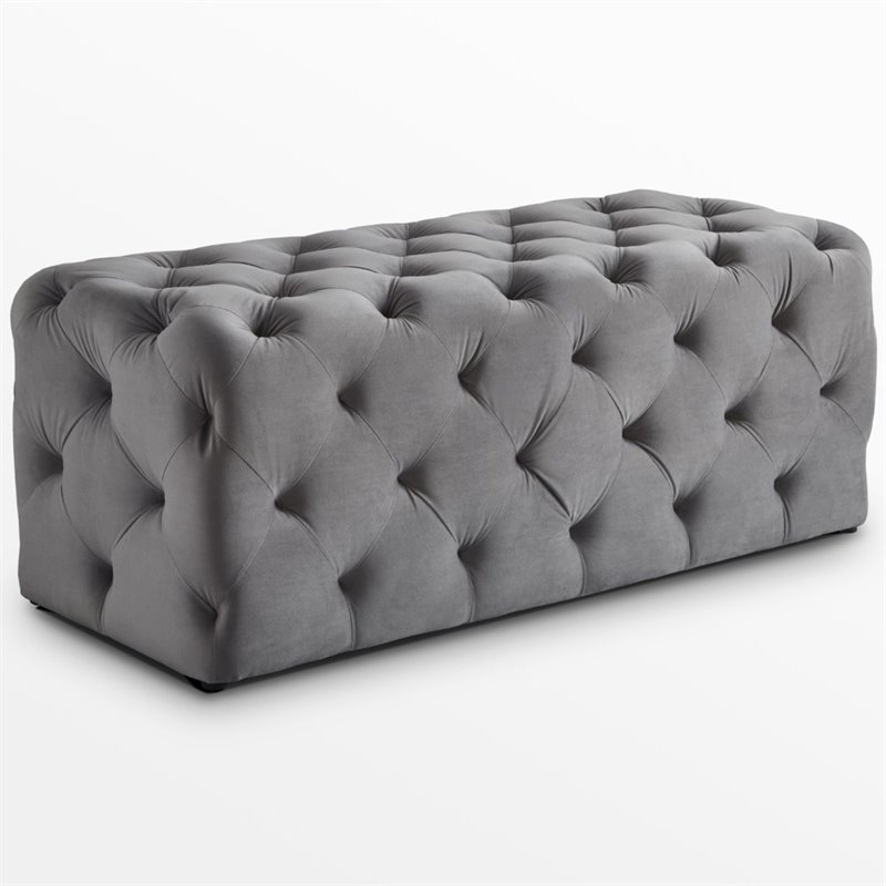 Maklaine Mid-Century Modern Button-Tufted Velvet Bench in Gray Finish
