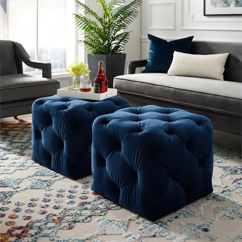 Maklaine Mid-Century Modern Velvet Square Ottoman in Navy Blue Finish
