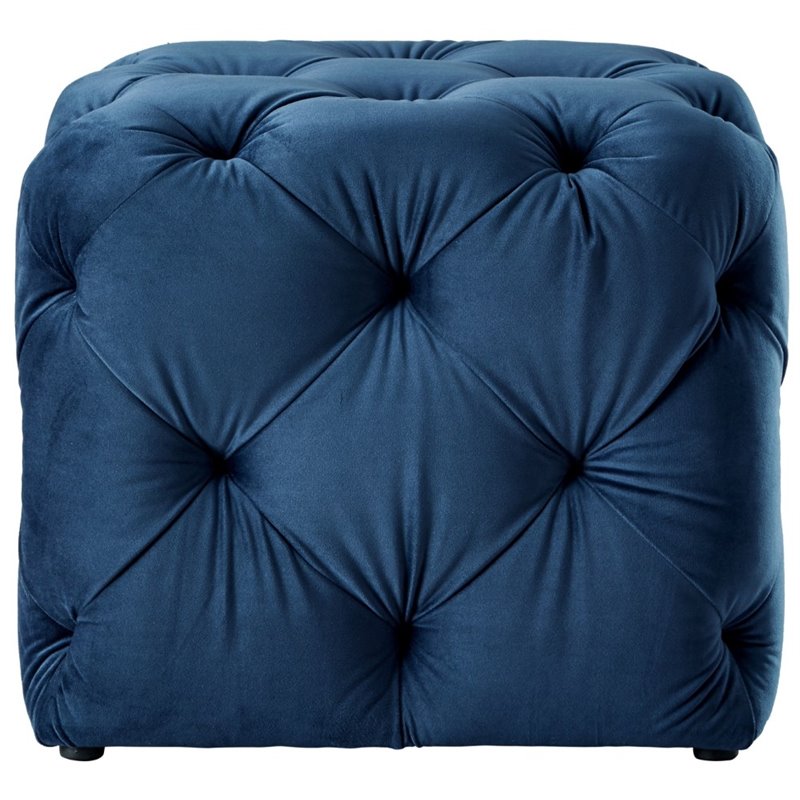 Maklaine Mid-Century Modern Velvet Square Ottoman in Navy Blue Finish