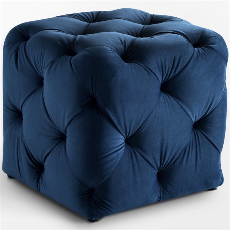 Maklaine Mid-Century Modern Velvet Square Ottoman in Navy Blue Finish