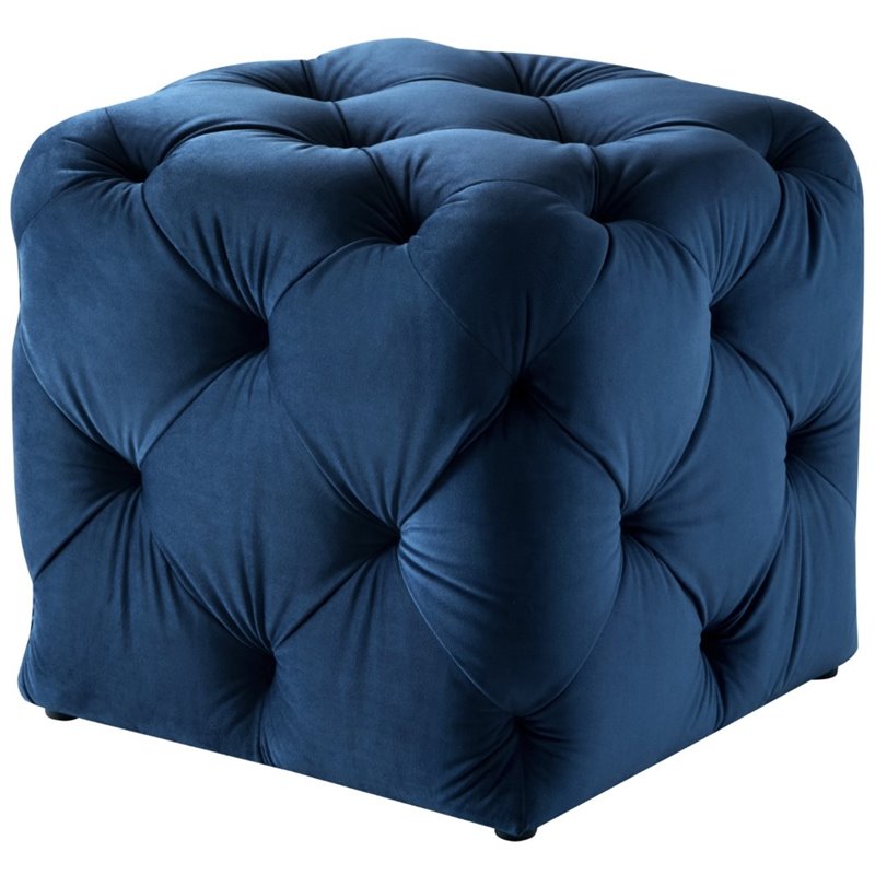 Maklaine Mid-Century Modern Velvet Square Ottoman in Navy Blue Finish