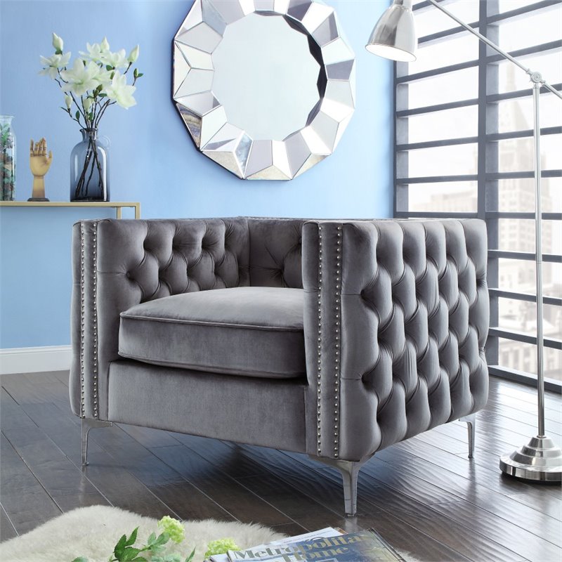 Maklaine Modern Button Tufted Velvet Accent Chair in Gray Finish