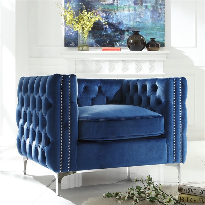 Maklaine Modern Button Tufted Velvet Accent Chair in Blue Finish