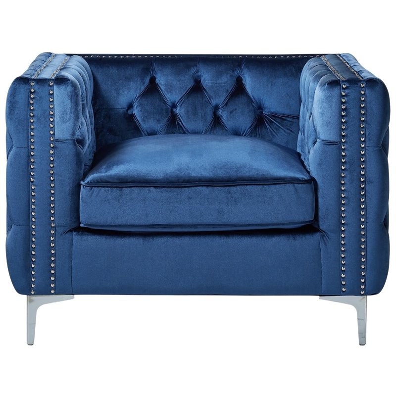 Maklaine Modern Button Tufted Velvet Accent Chair in Blue Finish