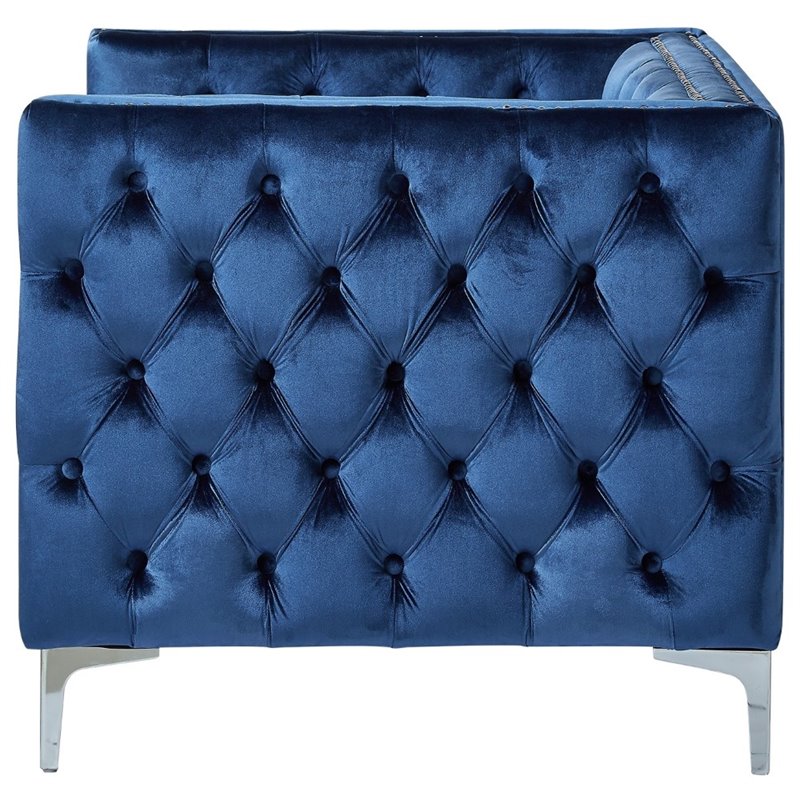 Maklaine Modern Button Tufted Velvet Accent Chair in Blue Finish