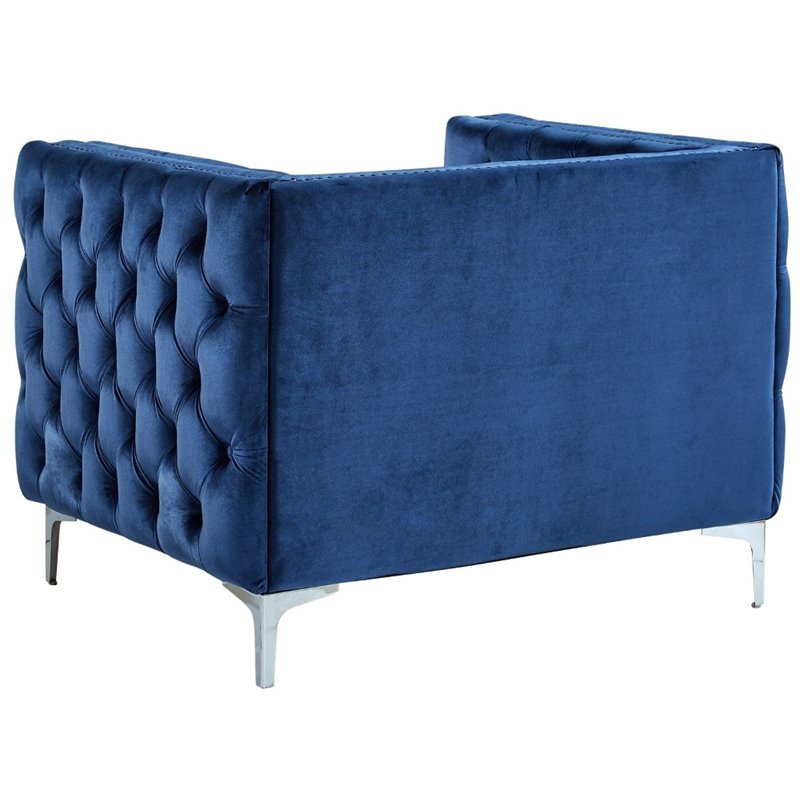 Maklaine Modern Button Tufted Velvet Accent Chair in Blue Finish