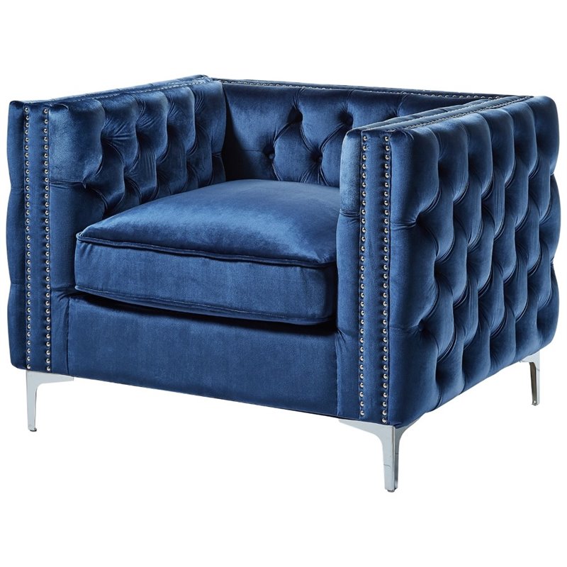 Maklaine Modern Button Tufted Velvet Accent Chair in Blue Finish