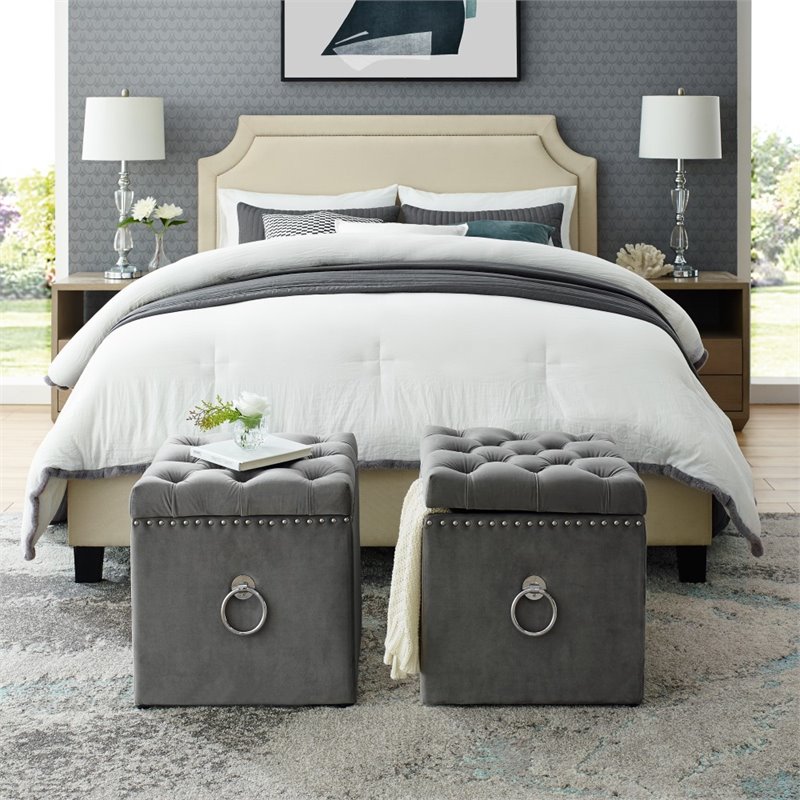 Maklaine Modern Velvet 1Pc Storage Ottoman in Gray/Chrome Finish