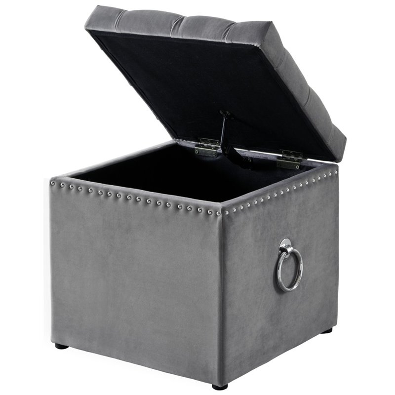 Maklaine Modern Velvet 1Pc Storage Ottoman in Gray/Chrome Finish