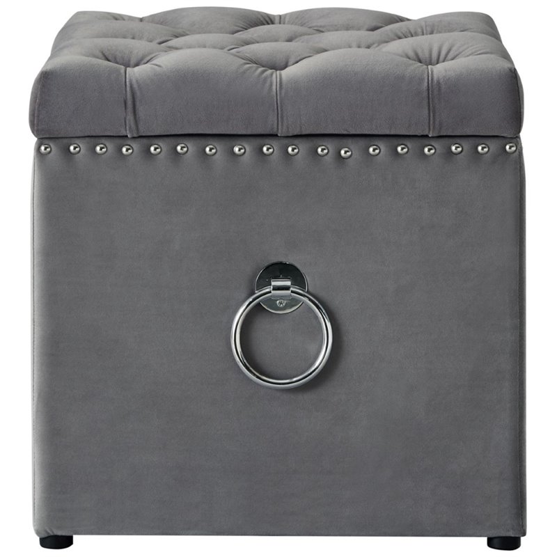 Maklaine Modern Velvet 1Pc Storage Ottoman in Gray/Chrome Finish