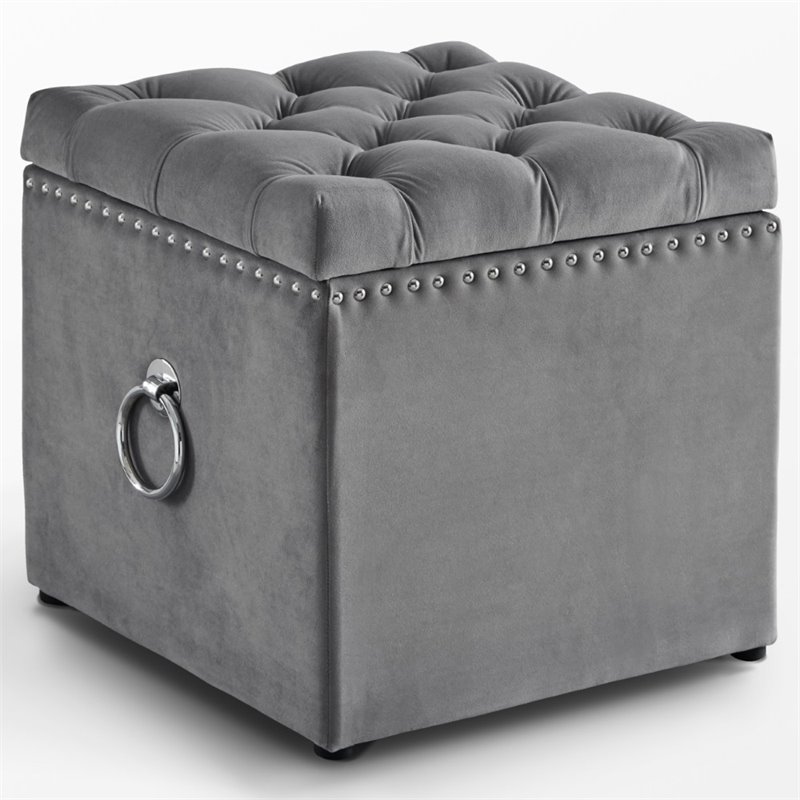 Maklaine Modern Velvet 1Pc Storage Ottoman in Gray/Chrome Finish
