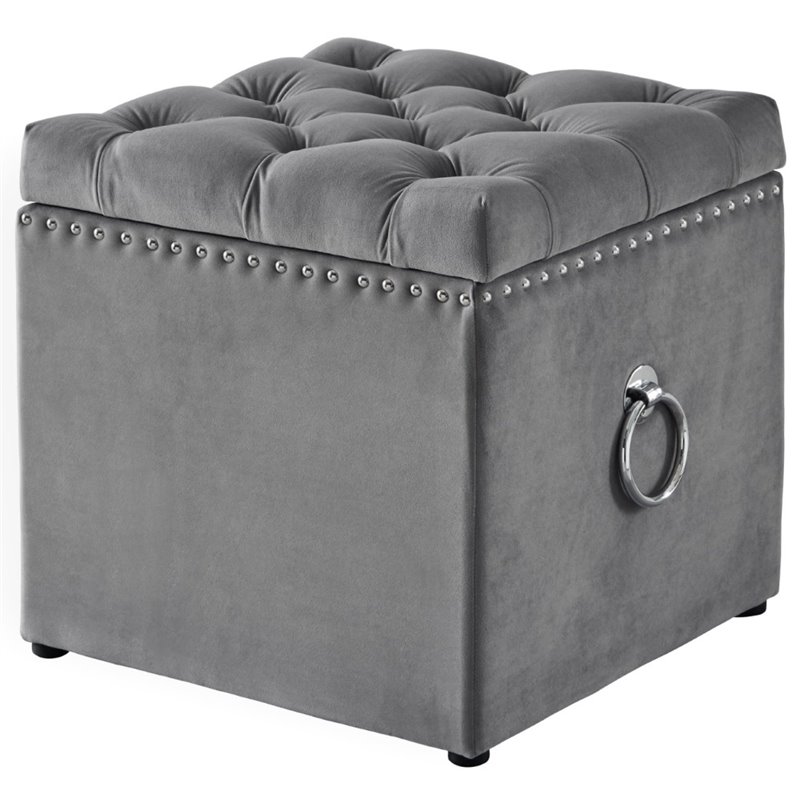 Maklaine Modern Velvet 1Pc Storage Ottoman in Gray/Chrome Finish