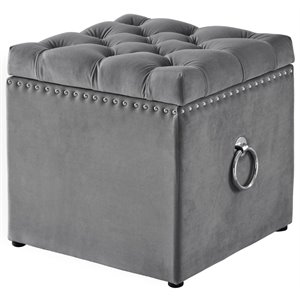 Maklaine Modern Velvet 1Pc Storage Ottoman in Gray/Chrome Finish