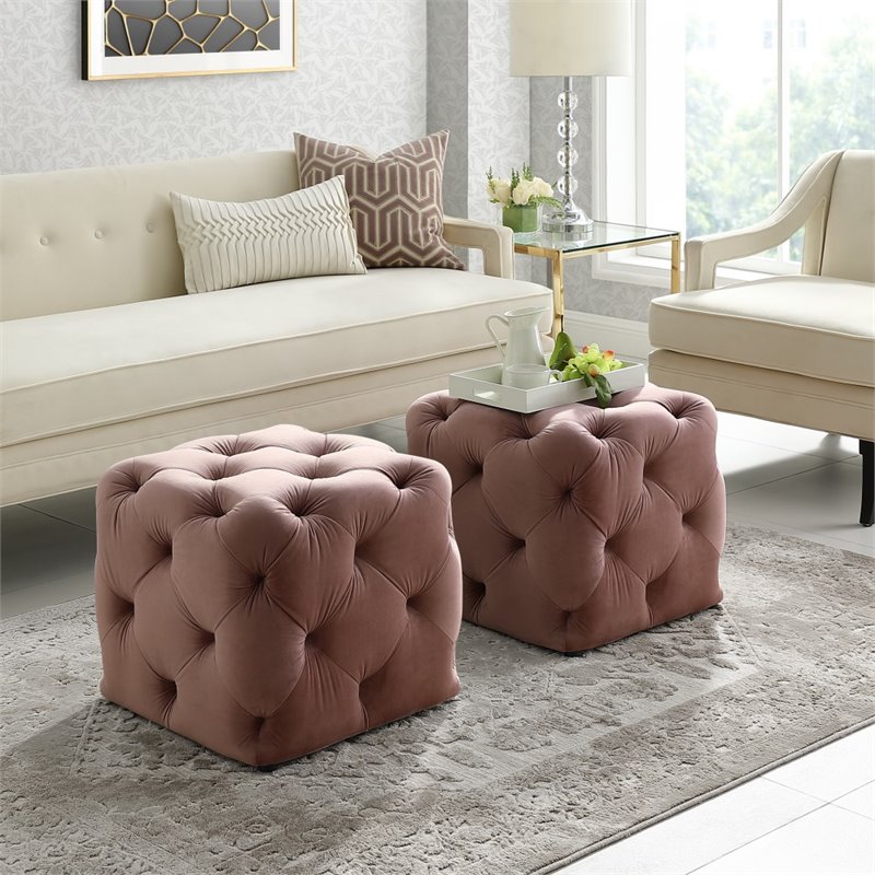 Maklaine Mid-Century Modern Velvet Square Ottoman in Blush Pink Finish