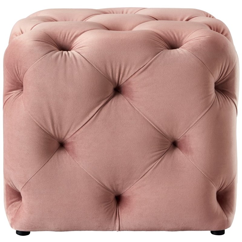 Maklaine Mid-Century Modern Velvet Square Ottoman in Blush Pink Finish