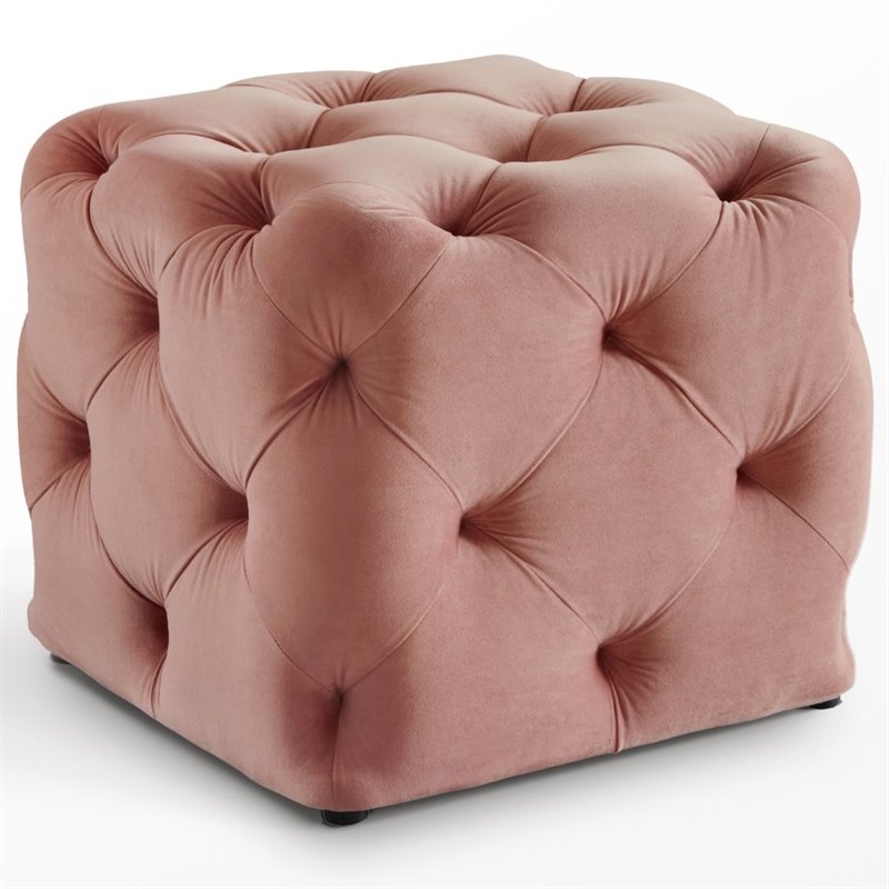 Maklaine Mid-Century Modern Velvet Square Ottoman in Blush Pink Finish