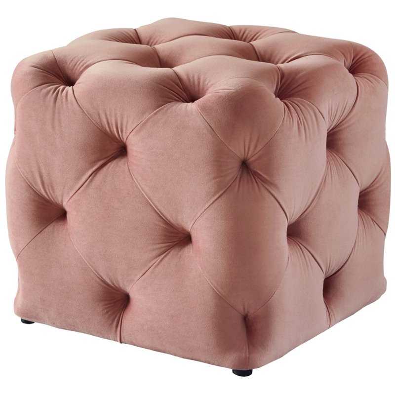 Maklaine Mid-Century Modern Velvet Square Ottoman in Blush Pink Finish