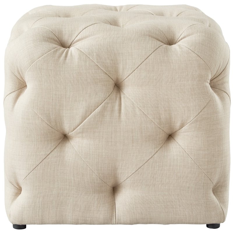 Maklaine Mid-Century Modern Linen Fabric Square Ottoman in Beige Finish