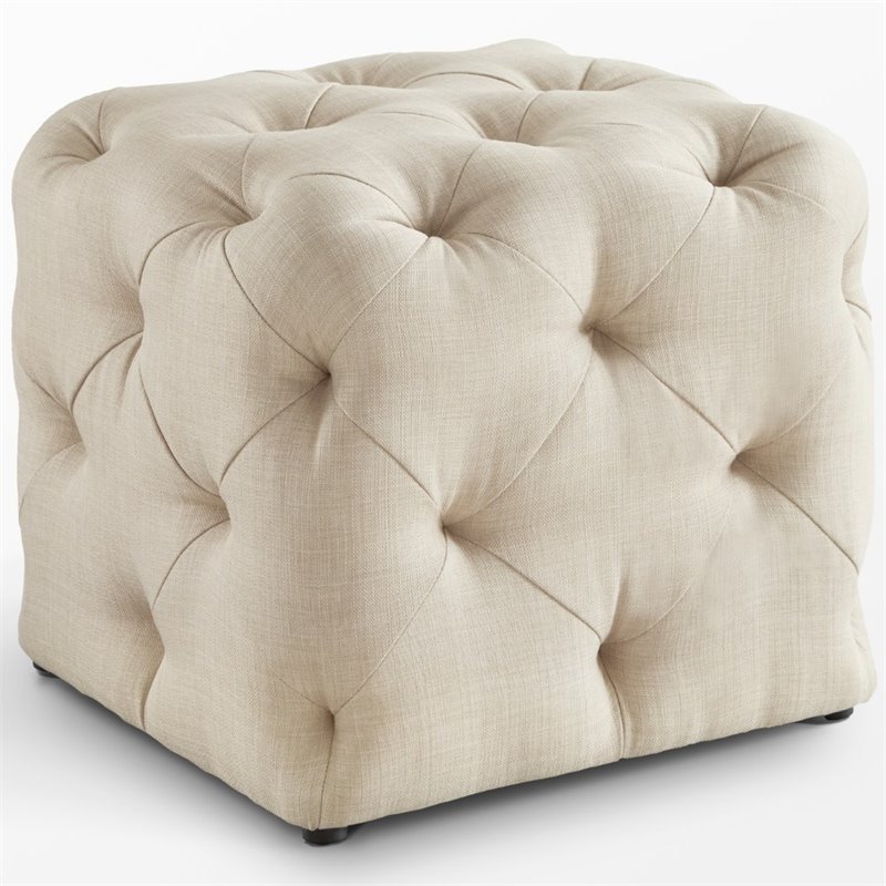Maklaine Mid-Century Modern Linen Fabric Square Ottoman in Beige Finish