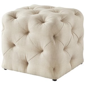 Maklaine Mid-Century Modern Linen Fabric Square Ottoman in Beige Finish