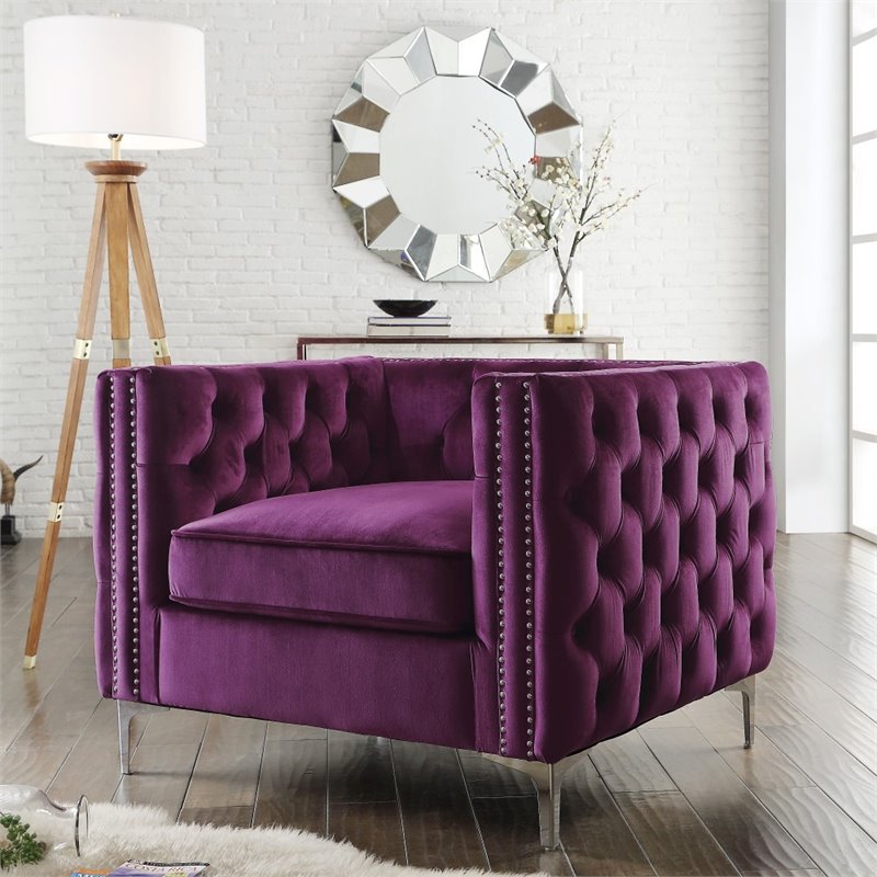 Maklaine Modern Button Tufted Velvet Accent Chair in Purple Finish