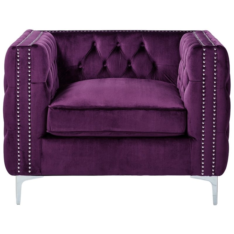 Maklaine Modern Button Tufted Velvet Accent Chair in Purple Finish