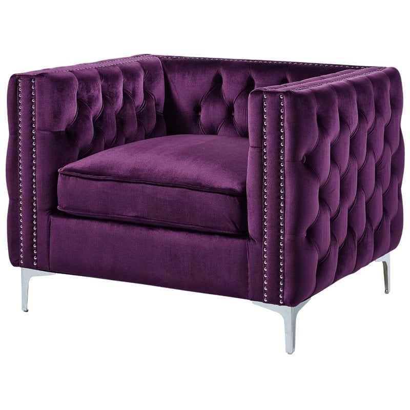 Maklaine Modern Button Tufted Velvet Accent Chair in Purple Finish