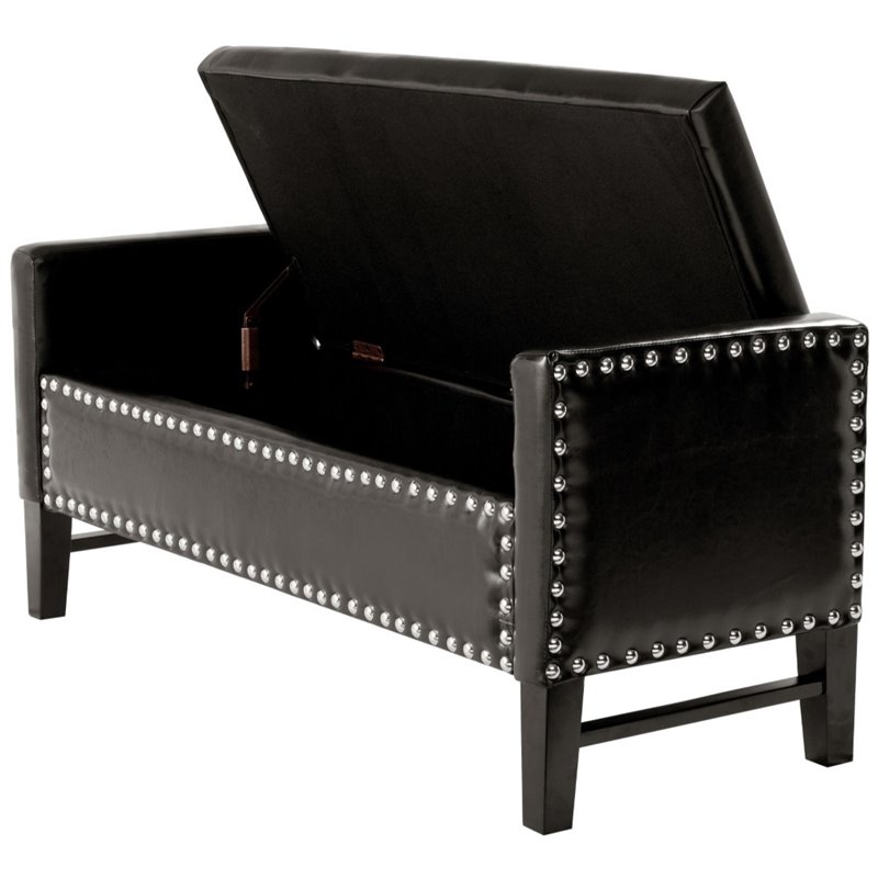Maklaine Faux Leather Storage Bench with Nailhead Trim in Espresso