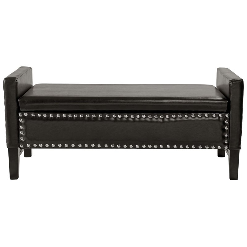 Maklaine Faux Leather Storage Bench with Nailhead Trim in Espresso